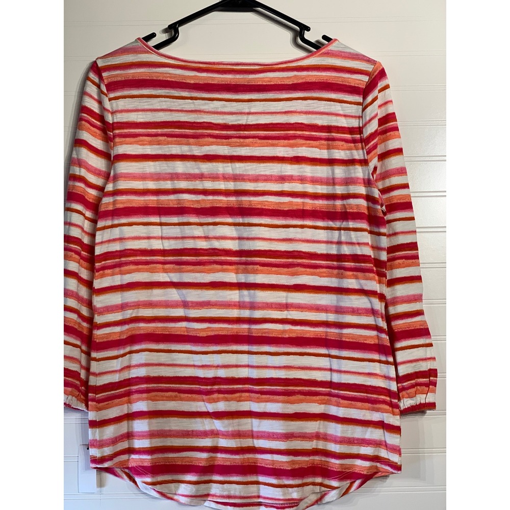 Talbots Striped‎ Tie Neck 3/4 length Sleeve Top Blouse Pink Orange White XS - Picture 2 of 8